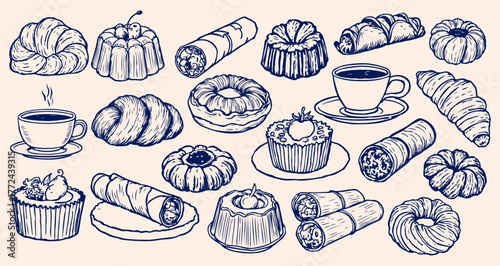 Bakery Set Hand Drawn Sketch Trendy Style. Bakery Doodles Icon in Charcoal or Chalk Sketch Style for a Birthday, Party, Design. Sweet Dessert Vector Illustration for Menu Design and Anniversary.