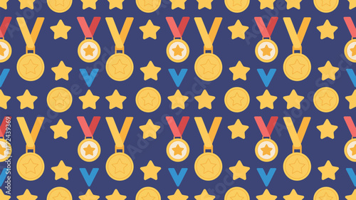 A pattern of gold medals with red and yellow ribbons stars and blue v shapes on a dark blue background