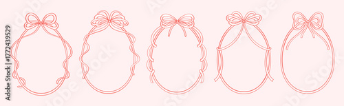 Set of pink oval frames with bows and ribbons. Decorative borders for invitations, cards. Pretty frames with bows and space for text