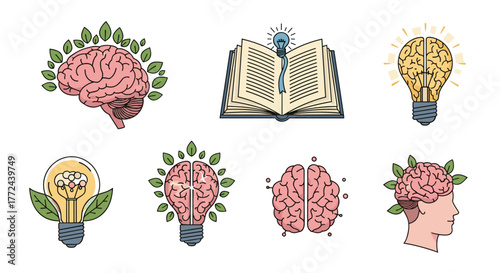 Collection of brain and light bulb icons representing ideas, knowledge, and intelligence.