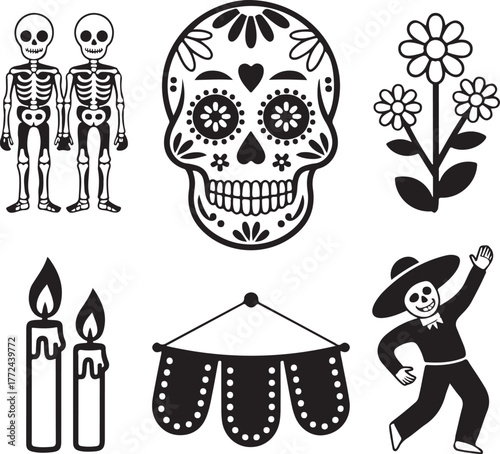 Dia de los Muertos Monochrome Illustration Day Dead Celebration Skeleton Skull Icon