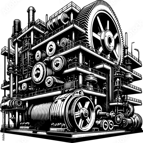 Intricate Industrial Machinery: A detailed and captivating illustration showcases complex industrial machinery, with gears, pipes, and structures forming an elaborate mechanical symphony.