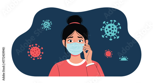 Woman wearing mask looking concerned with virus floating around her as a coronavirus concept illustration.