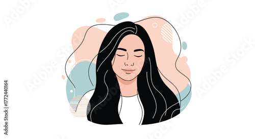 Illustration of a young woman with long black hair and closed eyes against a pastel abstract background.