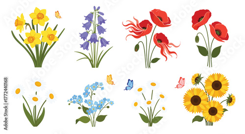 Collection of colorful spring flowers featuring daffodils, bluebells, poppies, daisies, forget-me-nots, and sunflowers, with delicate butterflies.