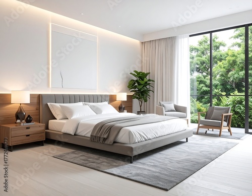 Modern bedroom with minimalist decor and natural light from large windows