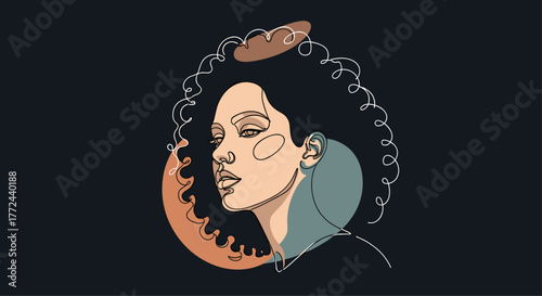 Artistic portrait of a woman with curly hair in a minimalist line style on a dark background.