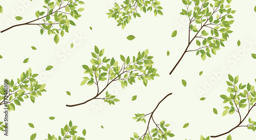 Vibrant green tree branches with delicate foliage and falling leaves form a refreshing seamless pattern on a soft background, perfect for spring designs.