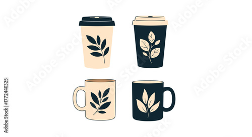 Elegant and minimalist illustrations of various coffee and tea cups and mugs, adorned with simple leafy branch motifs in contrasting dark blue and beige colors.