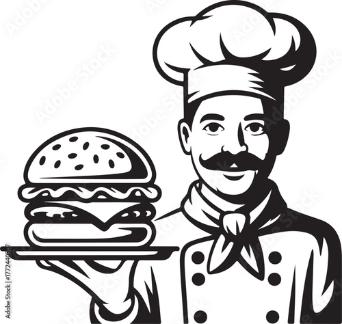 Chef with Burger Silhouette Illustration for Restaurant and Menu