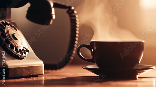 old phone and coffee on a wooden table
