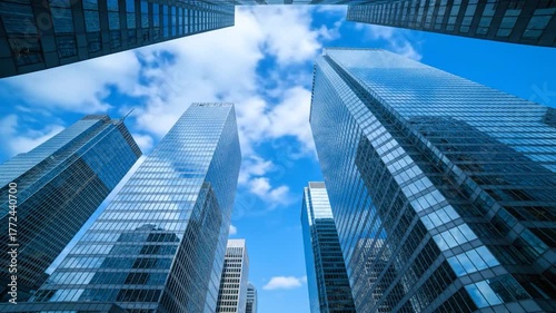 Low-angle view of modern glass skyscrapers reaching into a blue, cloudy sky