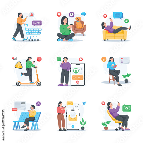 A collection of phoneholic, mobile addiction flat illustration in modern design style