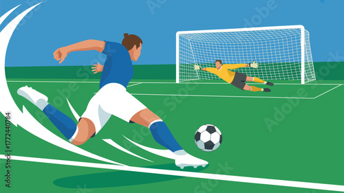 A soccer player kicks the ball towards the goal while the goalkeeper dives to block the shot attempt