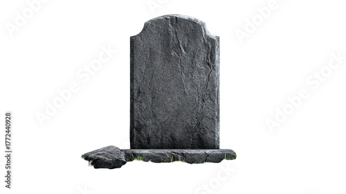 The image shows a gray granite tombstone or gravestone. It has a smooth, polished surface with a rounded top and stands on a rectangular base. The stone is simple and unengraved, often used as a heads
