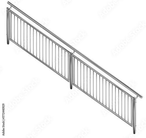 sleek, modern stainless steel balustrade with vertical bar infill, architectural design 3d render, isometric view