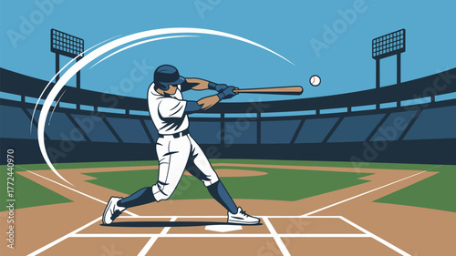 A baseball player swinging a bat at a ball in a stadium with a blue sky and a green field view