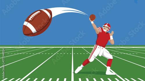 A cartoon quarterback throwing a football with trajectory line on a green field with a blue background
