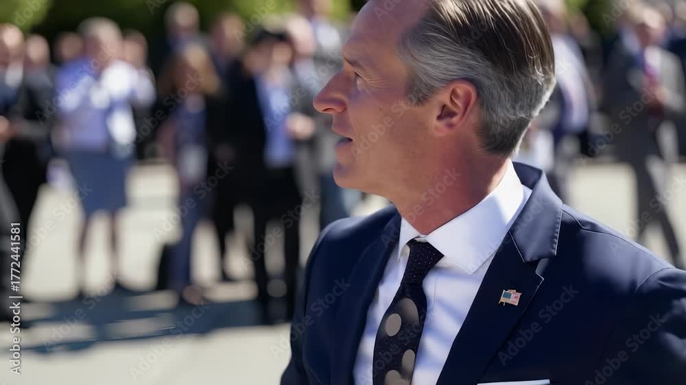 A man in a suit gestures while speaking, highlighting important points during an outdoor event. The engaged crowd observes the man and his gestures, creating an interactive atmosph