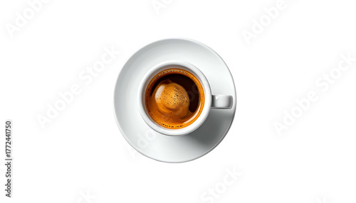 Cup of espresso with crema, overhead shot on black