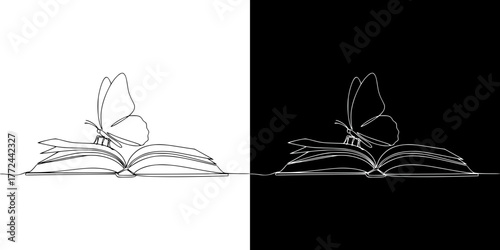 Butterfly emerging from an open book, isolated vector image in line art style, two design options on transparent and black backgrounds
 