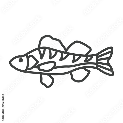 A black and white line drawing of a fish