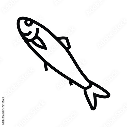A black and white line drawing of a fish It has a round head fins and a curved body