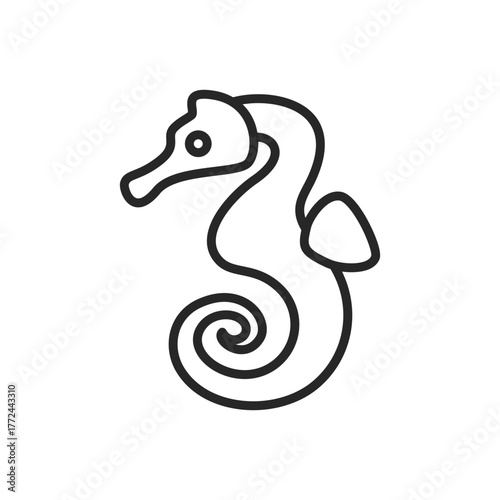 A black line drawing of a seahorse against a white background It has a curved body a snout and a small fin