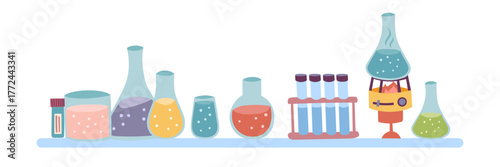 Illustration of various laboratory glassware and equipment arranged on a shelf isolated on white background. Concept of scientific experiments or researches. Vector flat background.