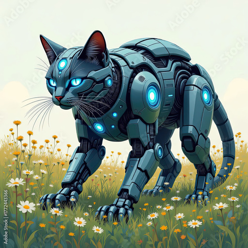 Futuristic robotic cat walking through a field of flowers in a sunny landscape