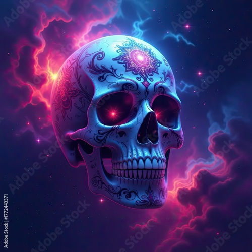 Colorful decorated skull with cosmic background showcases vibrant art and culture