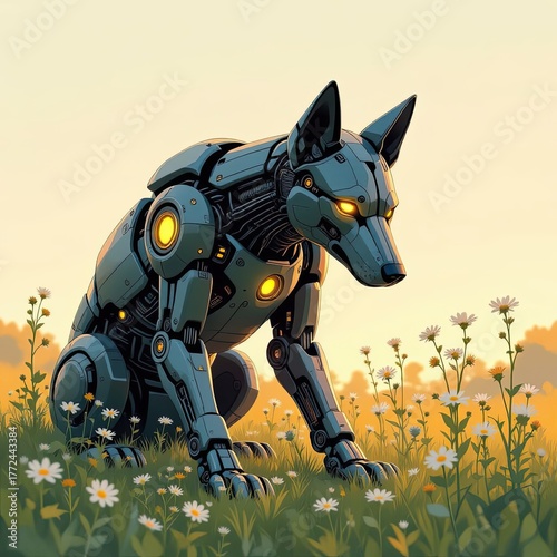 Robotic dog sitting in a flower field during a sunset in a futuristic setting