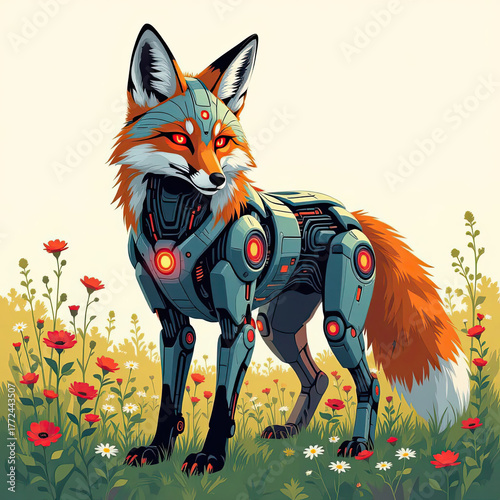 Robotic fox standing in a colorful meadow with flowers during daytime
