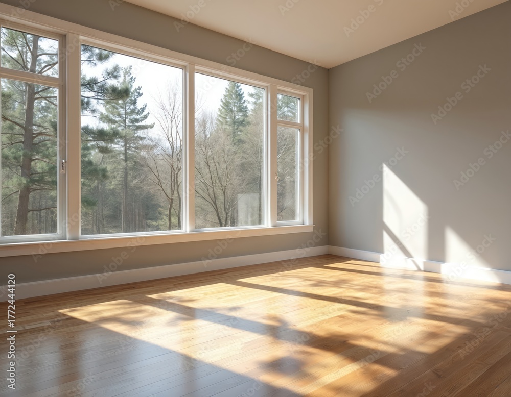 Fototapeta premium Empty room with large windows shows sunlight. Hardwood floor, wooden material. Bright interior with natural light makes airy space. Clean white trim baseboard. Modern design in neutral color.