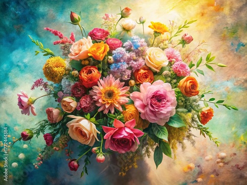 Aerial View Watercolor Flower Bouquet, Spring Floral Arrangement, Overhead Shot