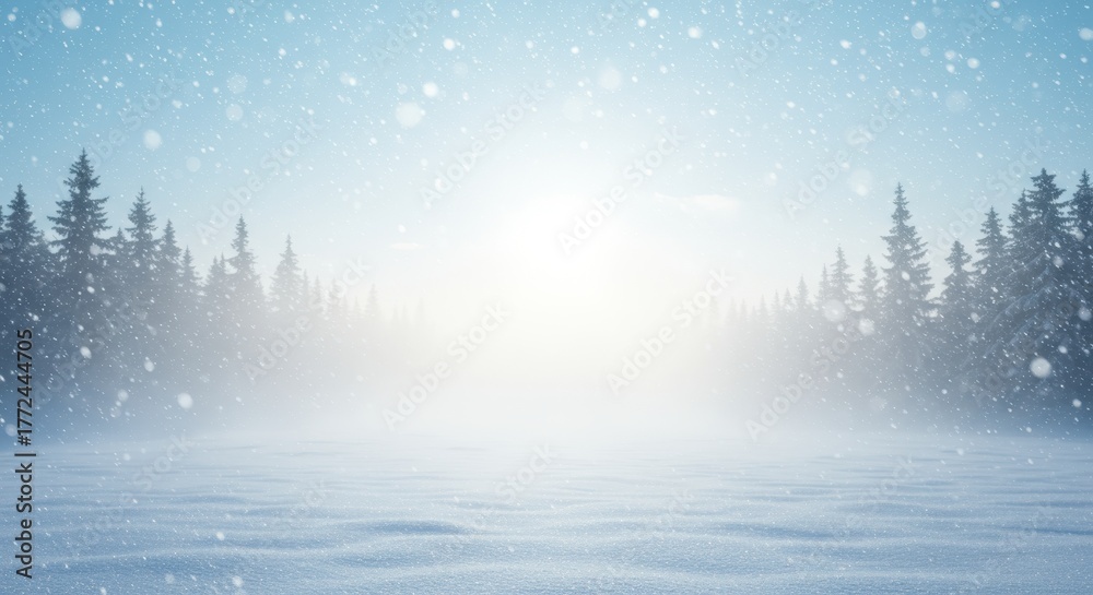 Fototapeta premium Winter landscape background with bright glowing light, heavy snowfall, and pine forest silhouette on the horizon.