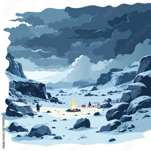Prehistoric Humans Sheltering by Fire in Stormy Ice Age Valley