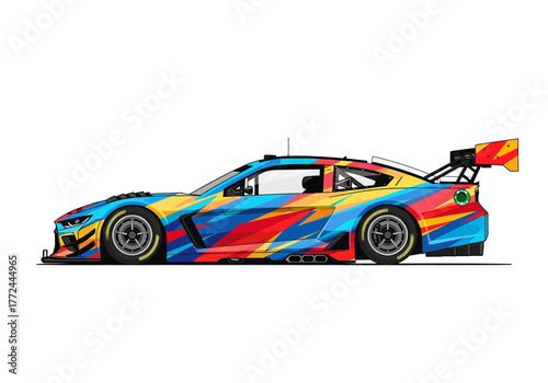 Colorful Racing Car with Rear Wing and Sleek Design.