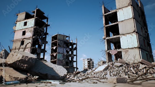 Destroyed Cityscape With Tall Building Ruins Under Bright Blue Sky With Scattered Clouds And Debris In Foreground