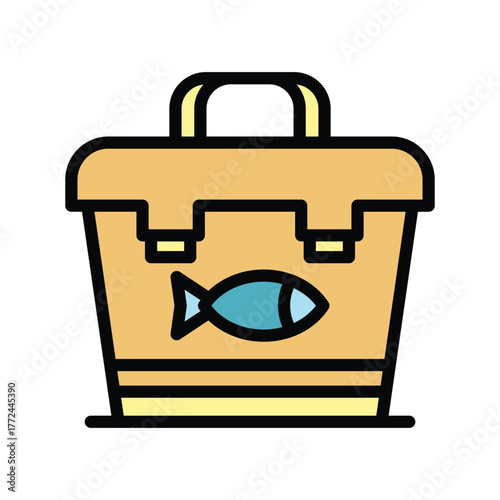 A cartoonstyle tackle box is centered Its tan with a black outline and handle A blue fish is on its front