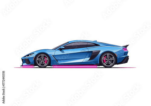 Sleek Blue Sports Car with Pink Undercarriage Lighting.