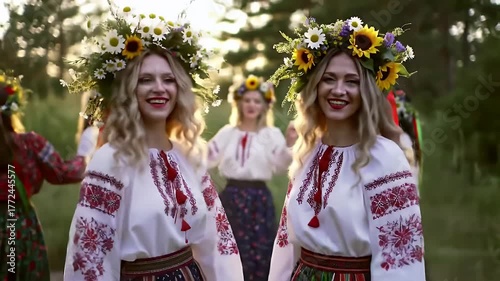 Two Young Women Wearing Traditional Embroidered Clothing and Flower Wreaths Dancing Outdoors at Sunset