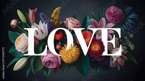 Romantic Floral LOVE Typography , Vibrant Flowers on Black Background | Botanical Love Art Design