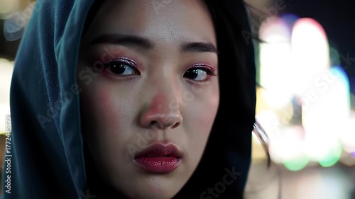 Close Up Portrait Of A Young Woman Wearing A Dark Hoodie And Sparkly Eye Makeup At Night With Blurred City Lights In