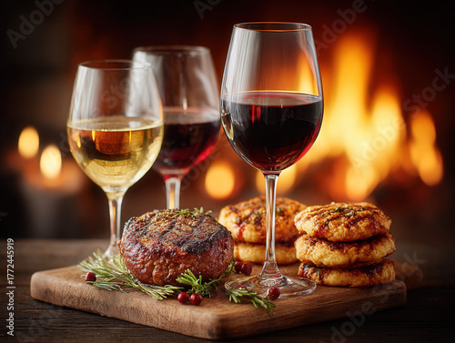 glass of wine by the fireplace