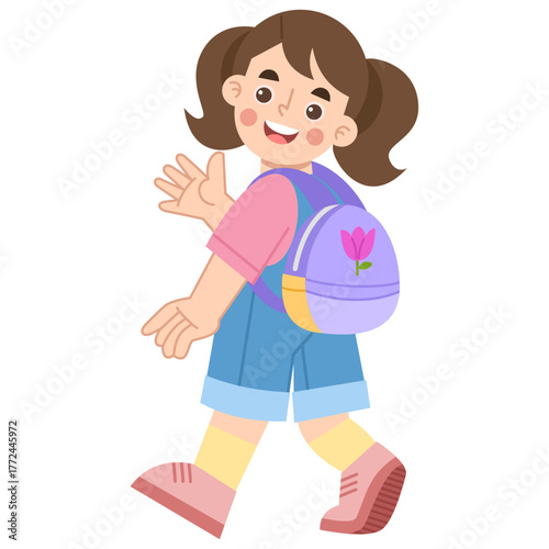 Illustration of Girl With Backpack Waving