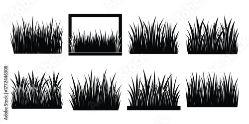 Abstract black silhouette of tall grass and a rectangular frame in a grunge style
