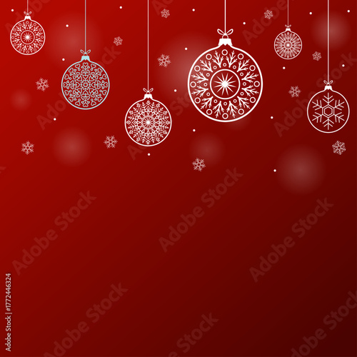 Red Merry Christmas background  pattern with snowflake, baubles vector illustration. Winter holidays concept card design to use for merry christmas cards, winter advertising, holiday greetings. 