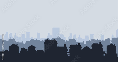 Suburban street silhouette in a small town. Roofs of houses. Country landscape. Housing vector. Seamless composition isolated on white background