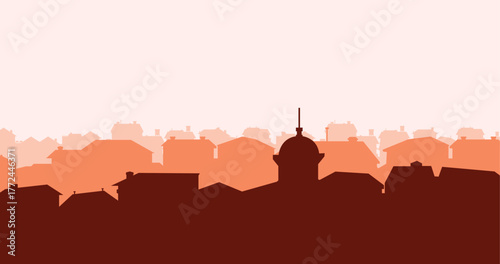 Suburban street silhouette in a small town. Roofs of houses. The middle East Country landscape. Housing vector. Seamless composition isolated on white background